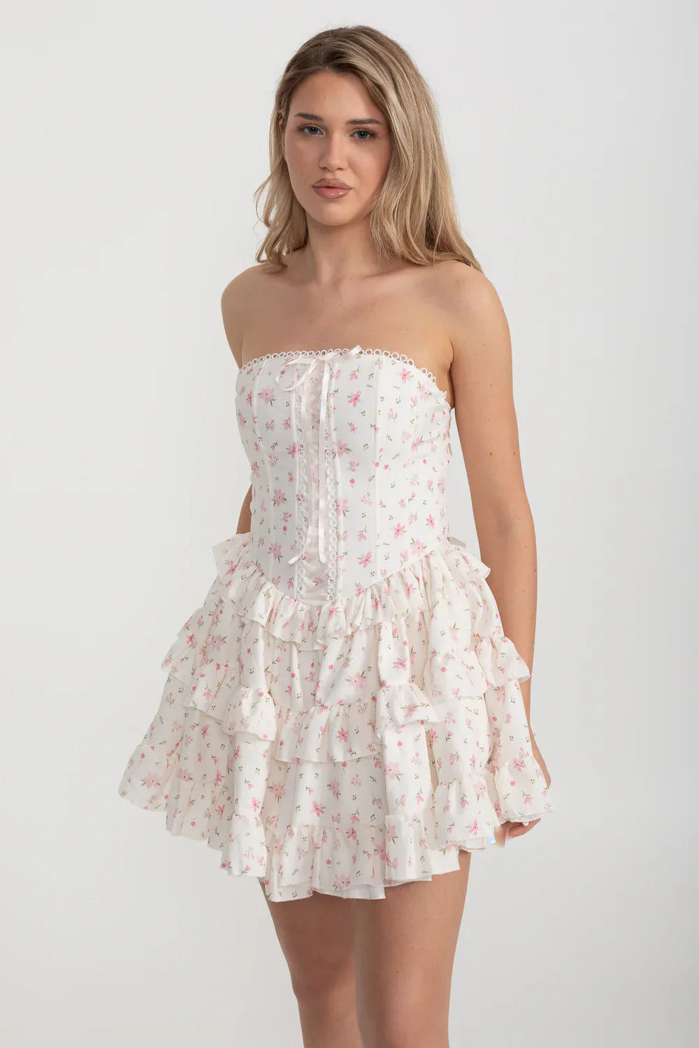 Corset Mini Dress With Ribbon Lacing Detail And Multi-Layered Ruffled Skirt - White/Pink