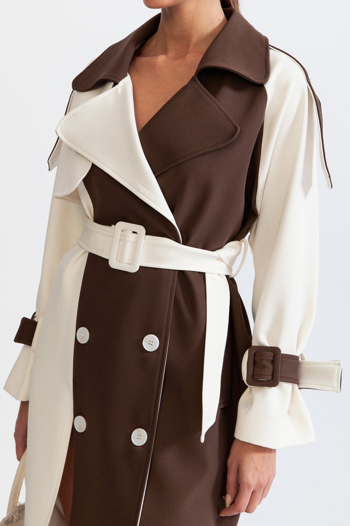 SOPHIA Bicolor Double Breasted Trench Coat - Beige & Brown
