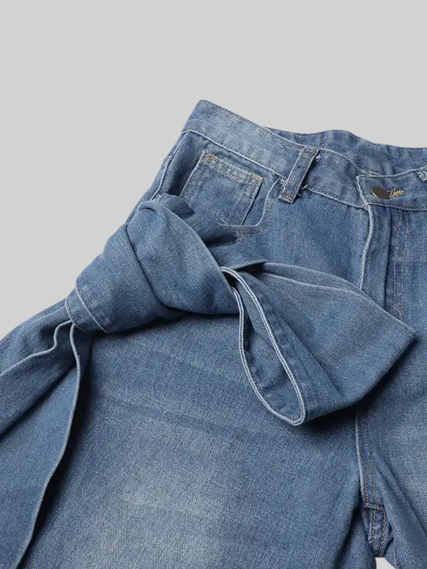 Wide Leg Jeans with Bow Details - Blue