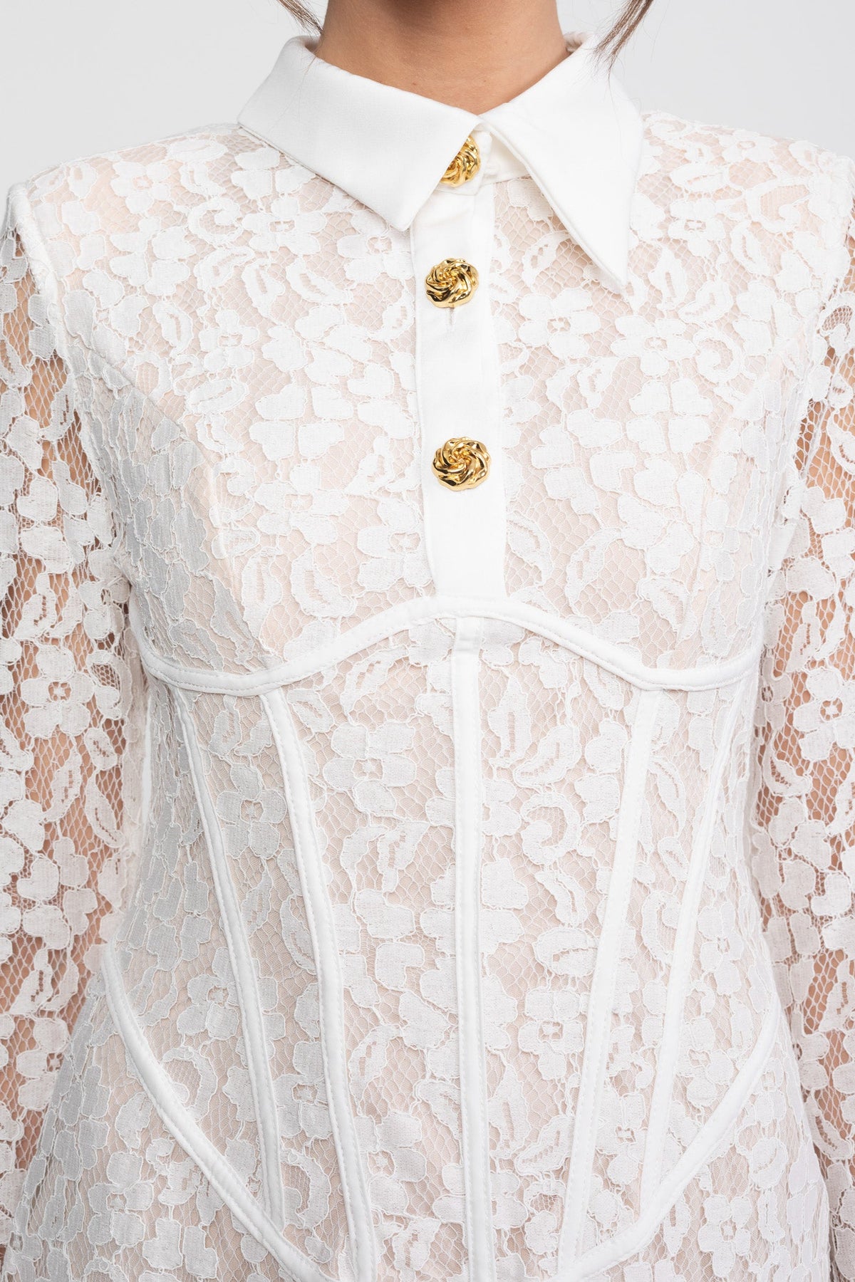 Long Sleeved Lace Mini Dress With Scallop Hem - White