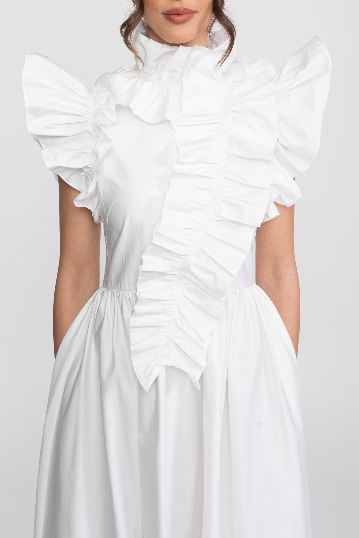 High-Neck Maxi Dress With Dramatic Ruffle Bib Front - White