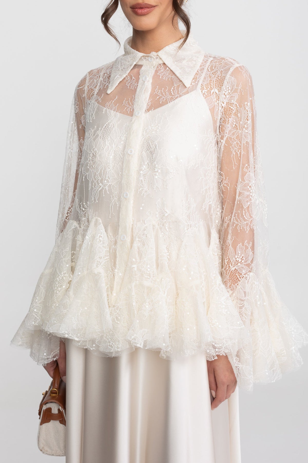 Sheer Lace Peplum Blouse With Ruffle Hem And Satin Maxi Skirt - Ivoire