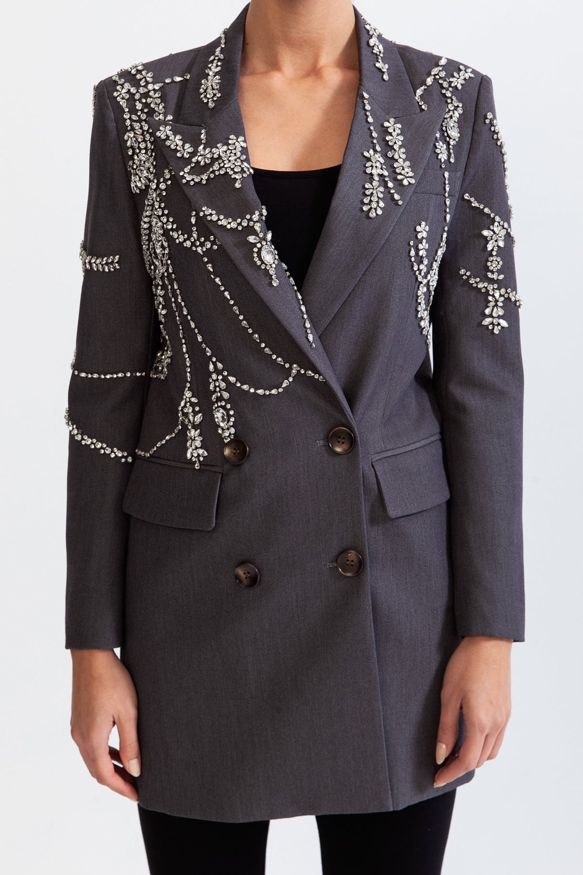 Double Breasted Long Blazer with Jewels - Grey