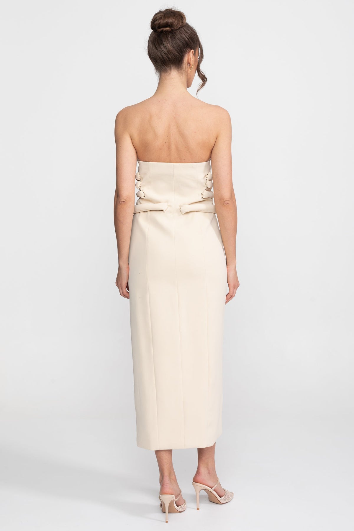 Strapless Midi Dress With Sculptural Knotted Bodice Detail And Jewel Buttons - Cream