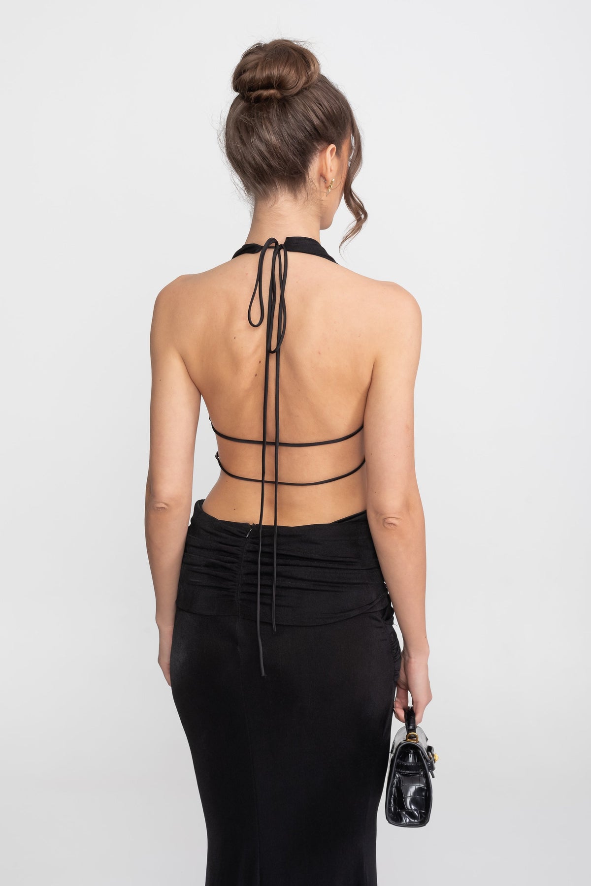 Draped Halter Gown With Ruched Side Tie Detail - Black