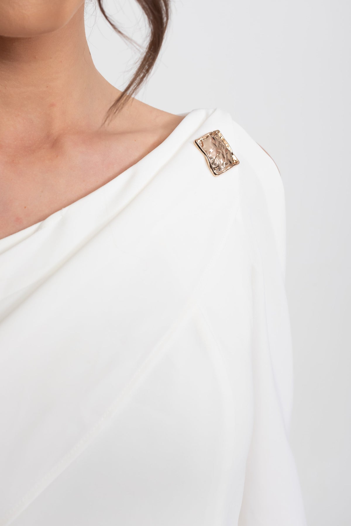 Asymmetric Cold-Shoulder Mini Dress With Long Sleeves And Gold Brooch - White