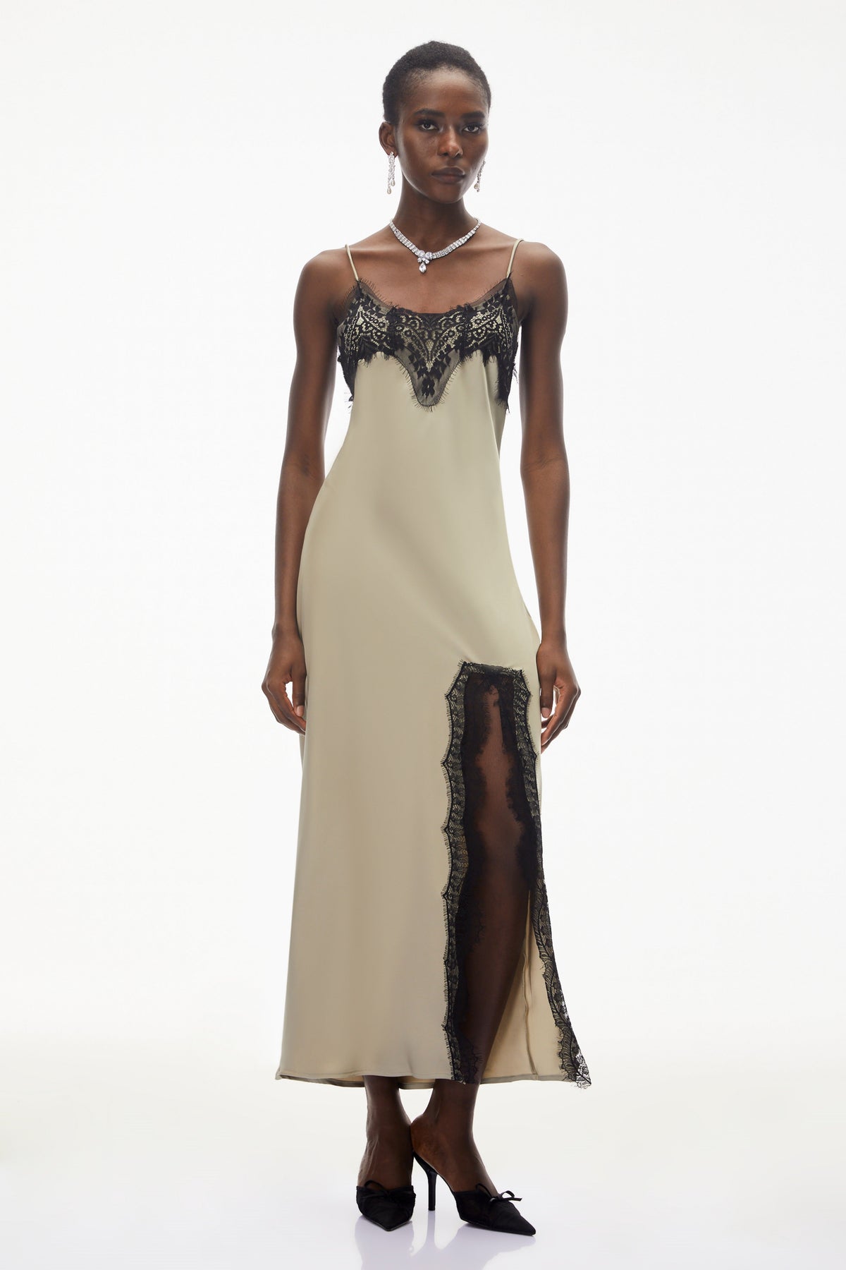 Ilmatar Sage Green Satin Maxi Dress with Lace Panels (Final Sale)