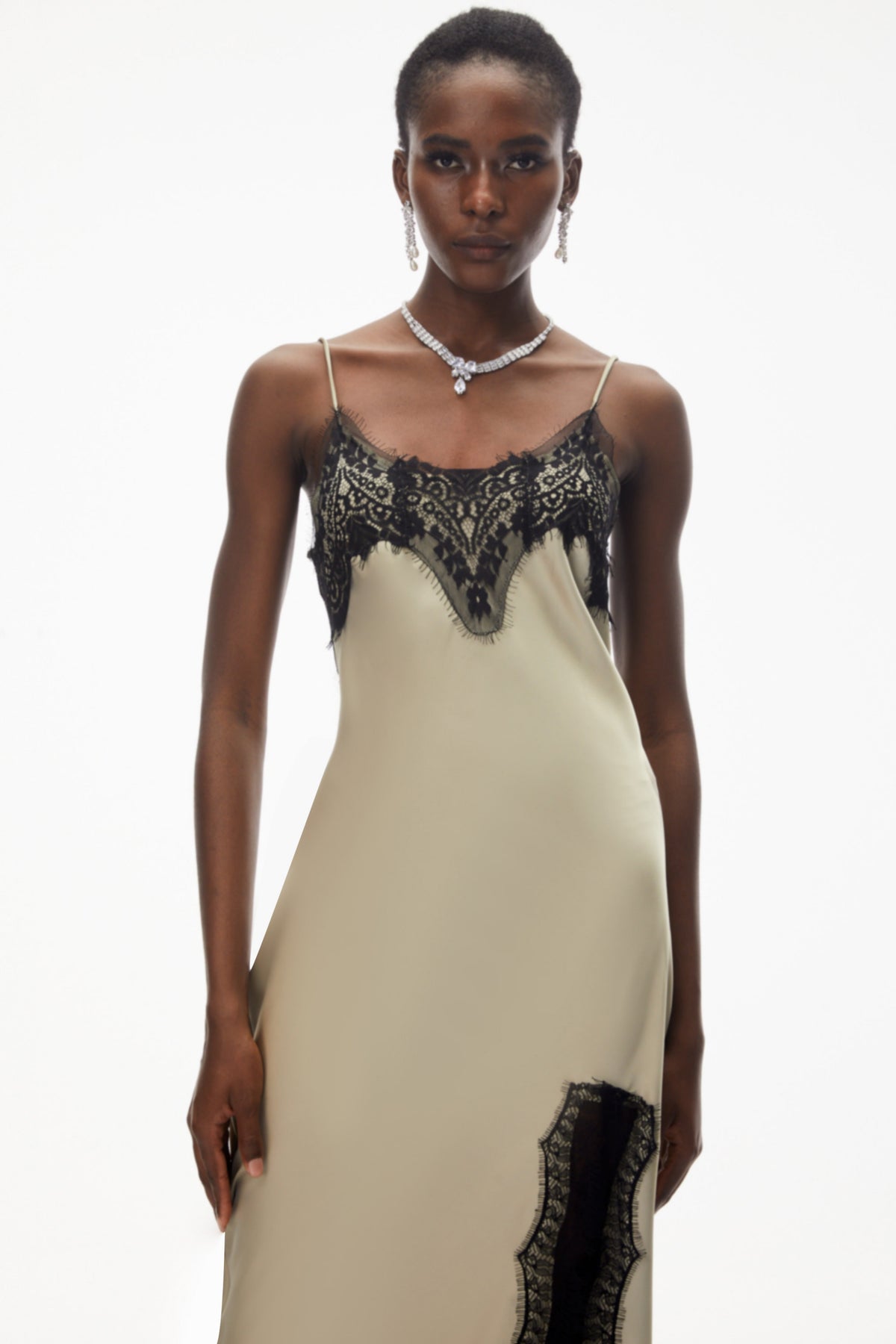 Ilmatar Sage Green Satin Maxi Dress with Lace Panels (Final Sale)