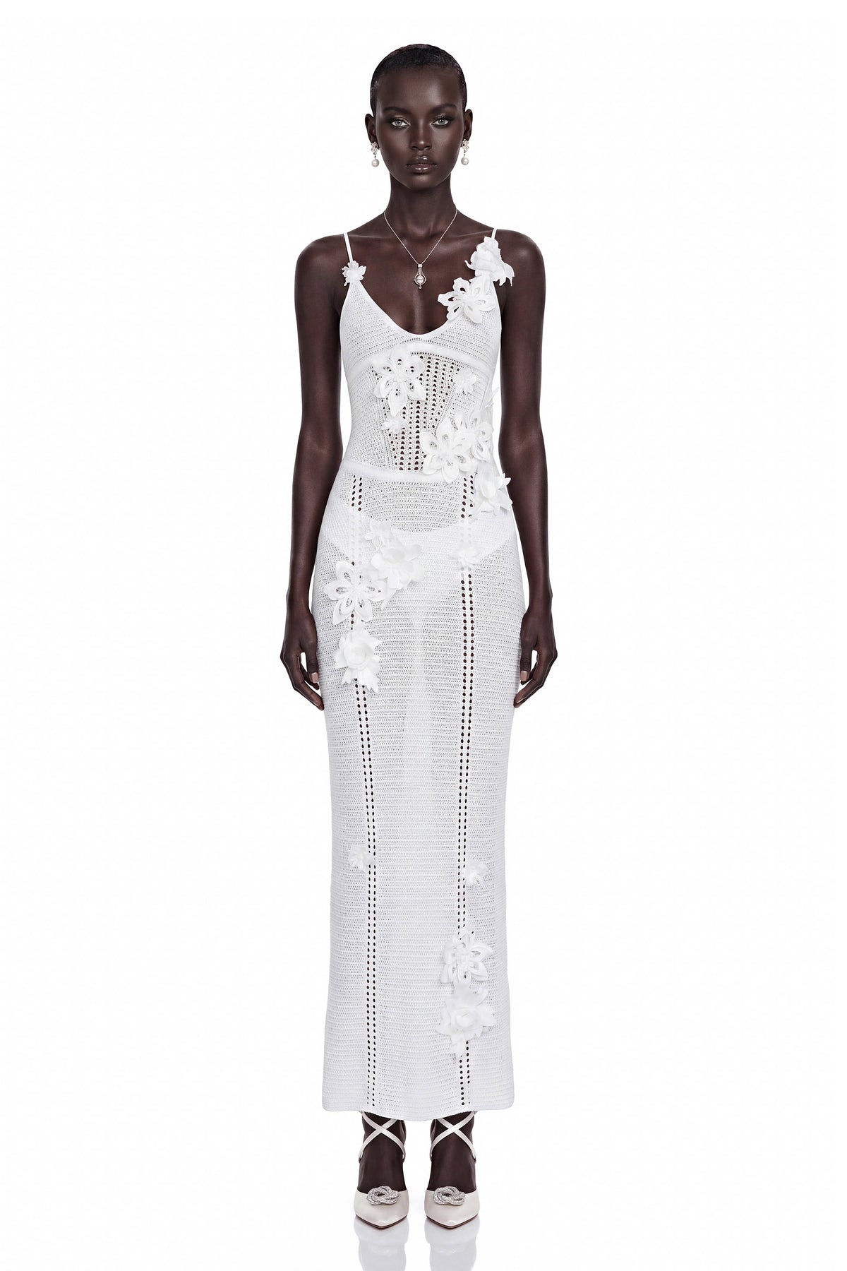 Isabelle White Knit Maxi Dress with 3D Florals