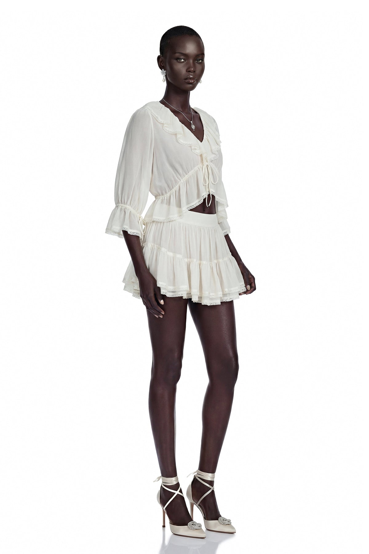 Isabelle White V-Neck Ruffled Crop Top