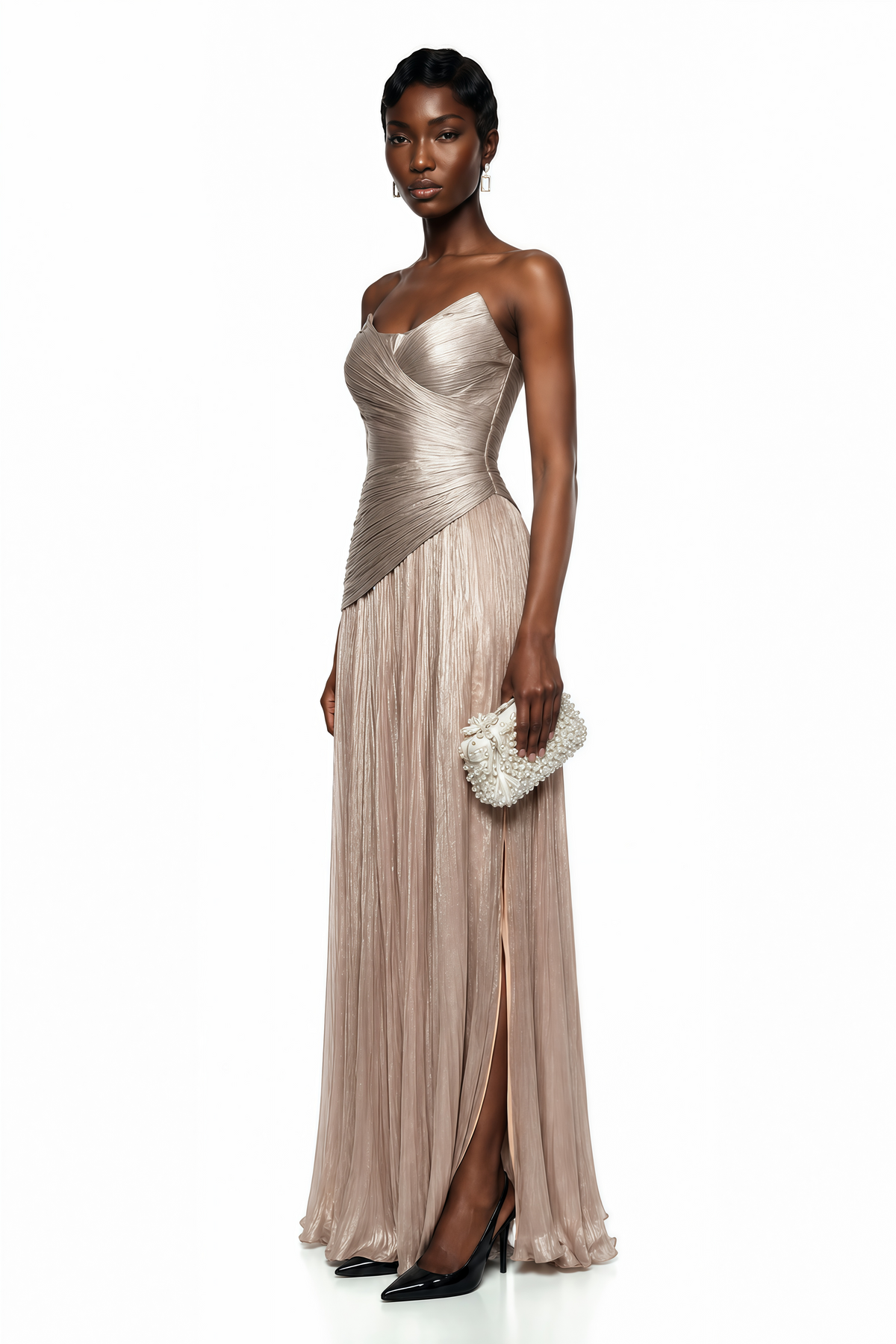 Jacinthe Beige Off Shoulder Satin Maxi Dress