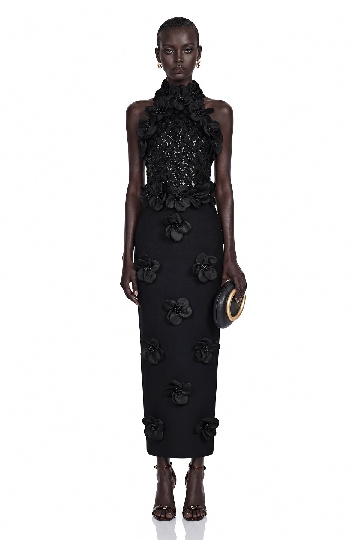 Jacqueline Black Sleeveless Maxi Dress with 3D Petals