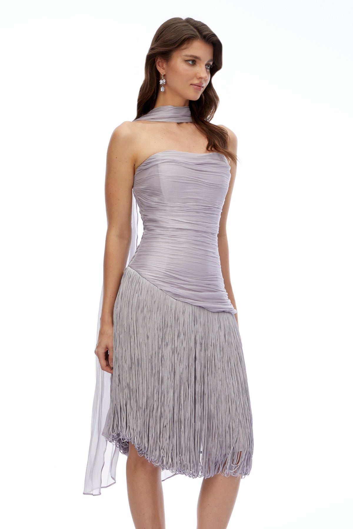 Amaia Smoky Purple Off Shoulder Ruched Midi Dress with Fringe