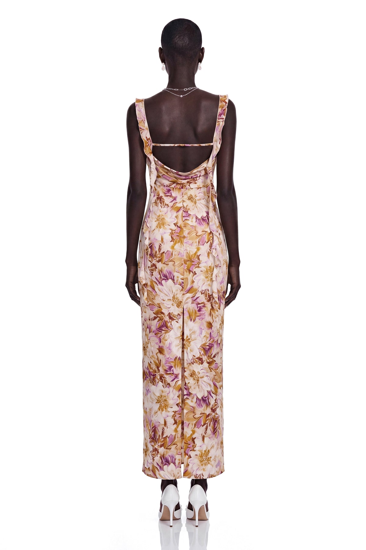 Jade Purple Sweetheart Floral Print Maxi Dress with Ribbon