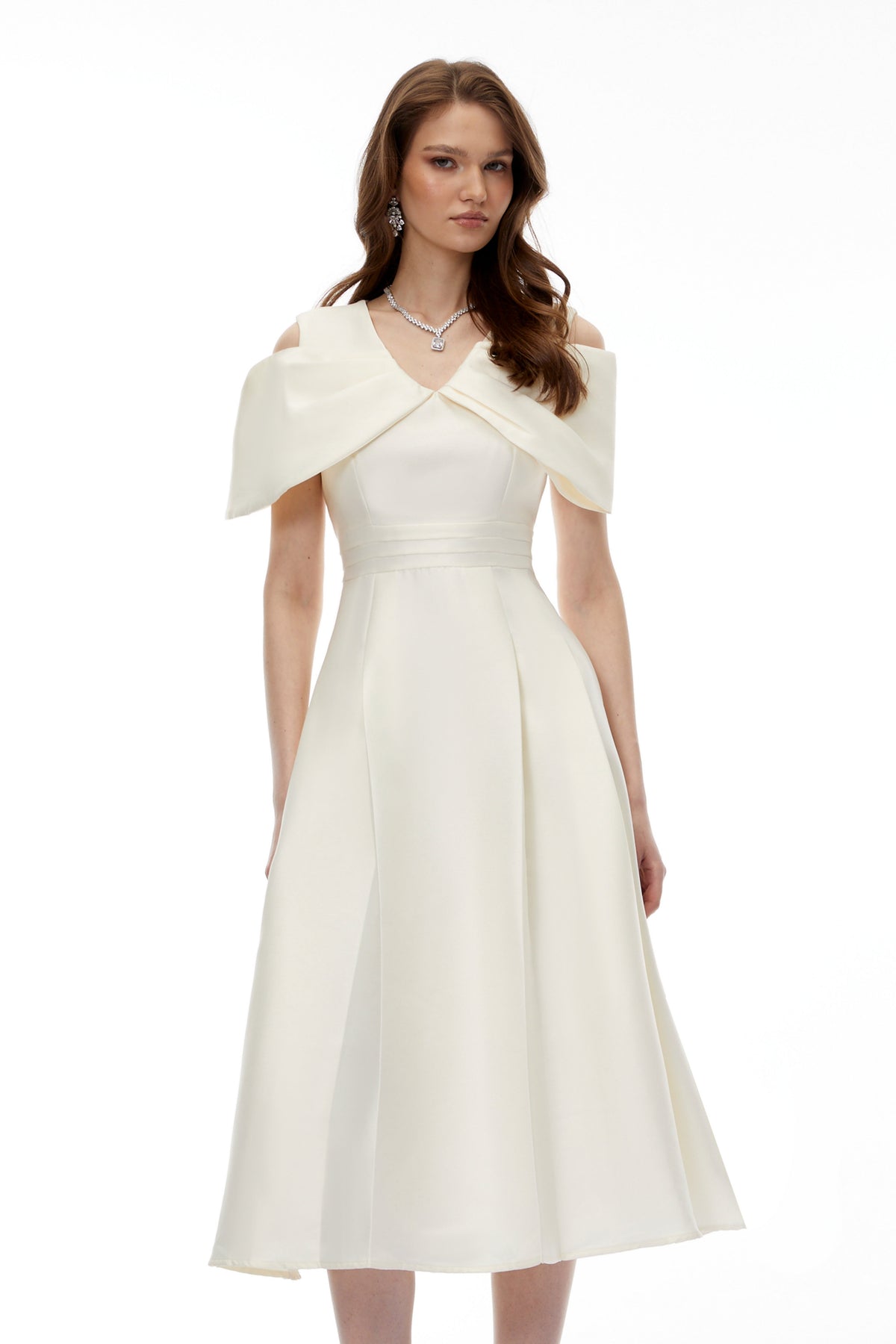 Juniper Champagne V-Neck Satin Midi Dress with Bow Detail