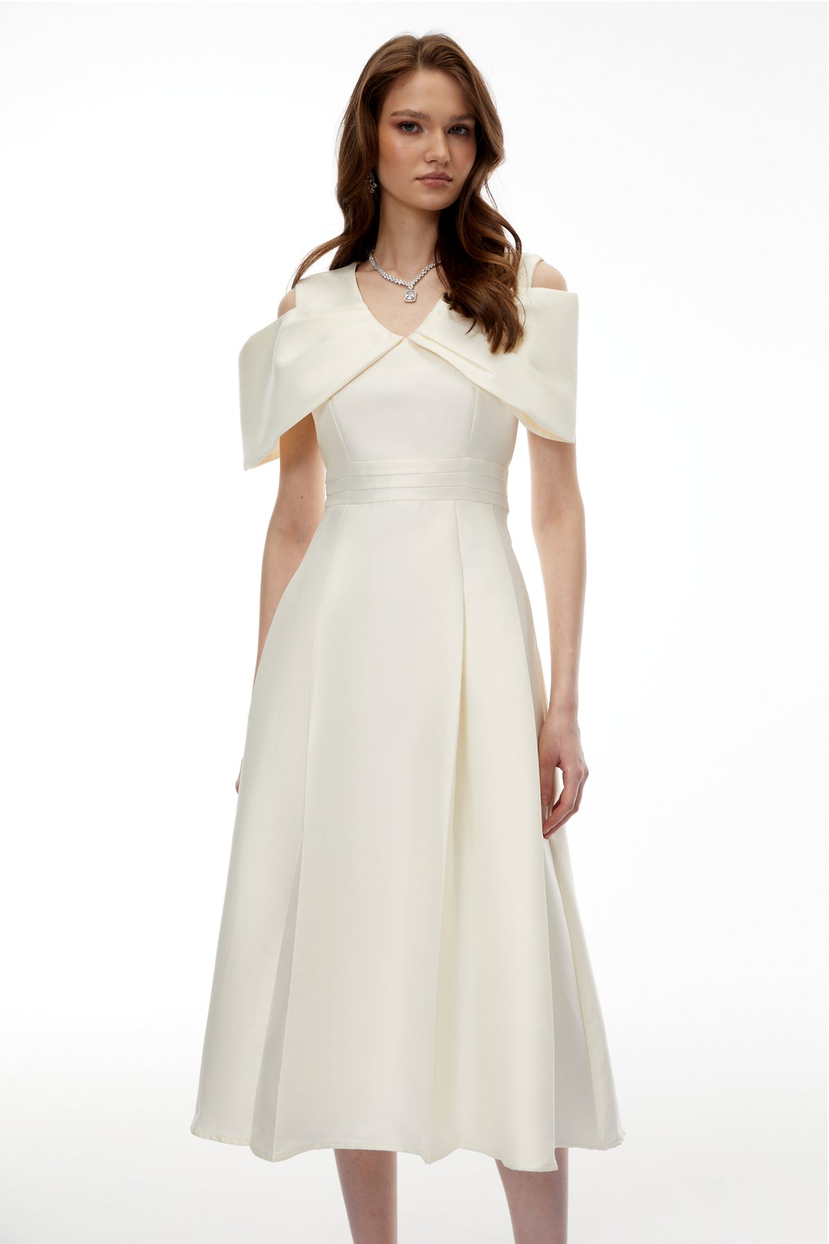 Juniper Champagne V-Neck Satin Midi Dress with Bow Detail