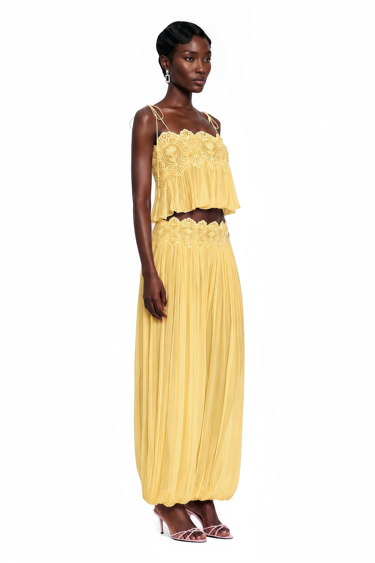 Kamila Yellow Lace Trim Ruched Top & Trouser Set