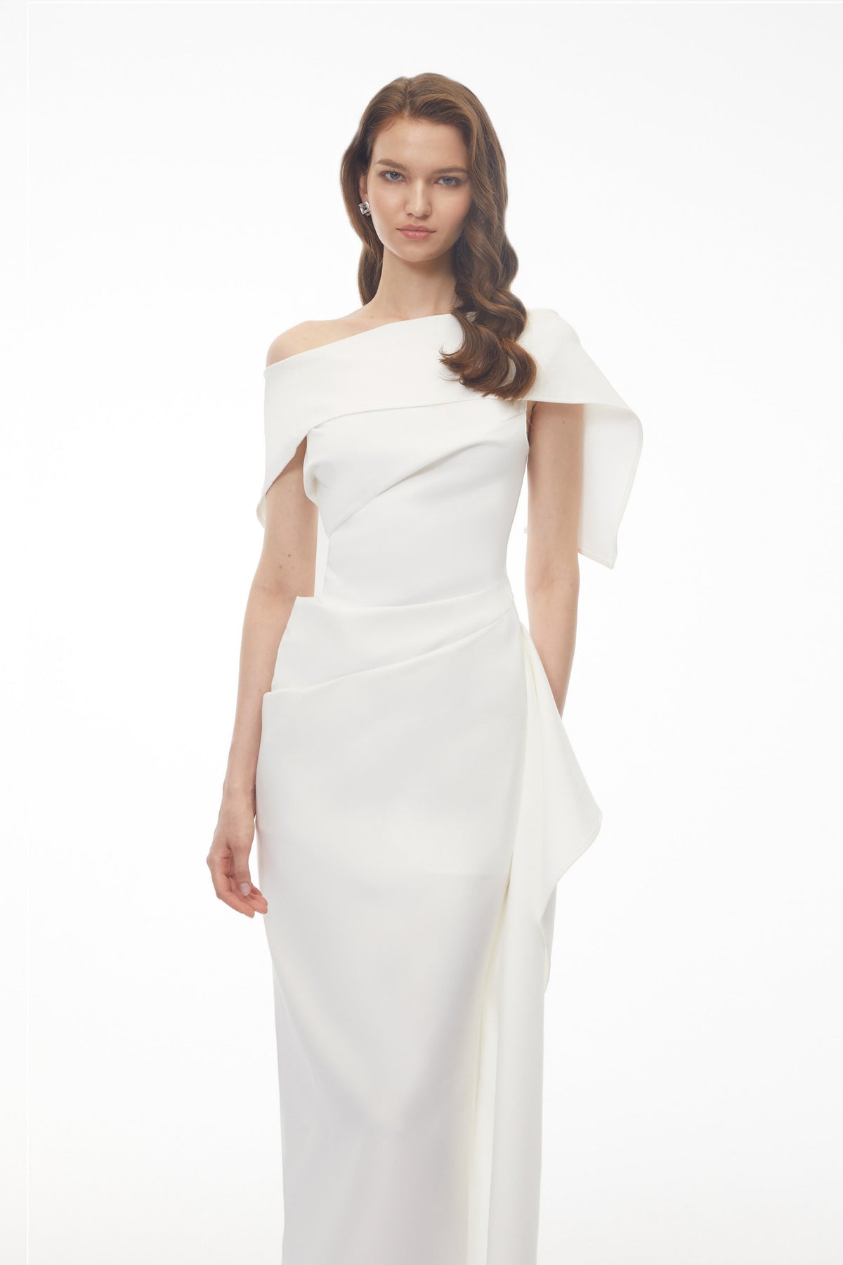 Kare White Asymmetrical Gathered Midi Dress