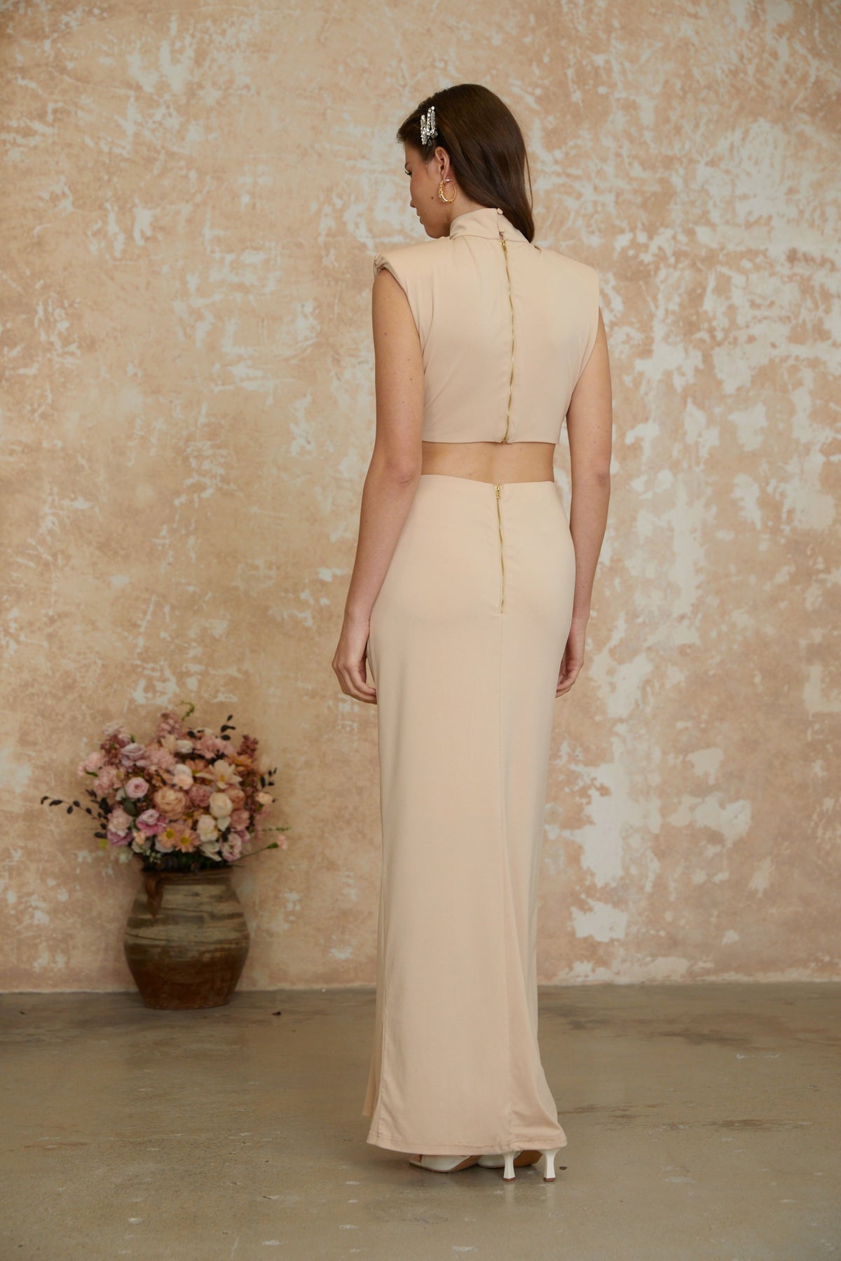 Karolina Neutral High Neck Twist Front Maxi Dress