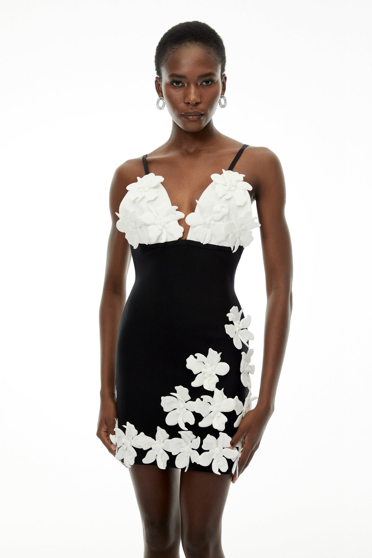 Kate Black Mini Dress with Spaghetti Straps and 3D Petals