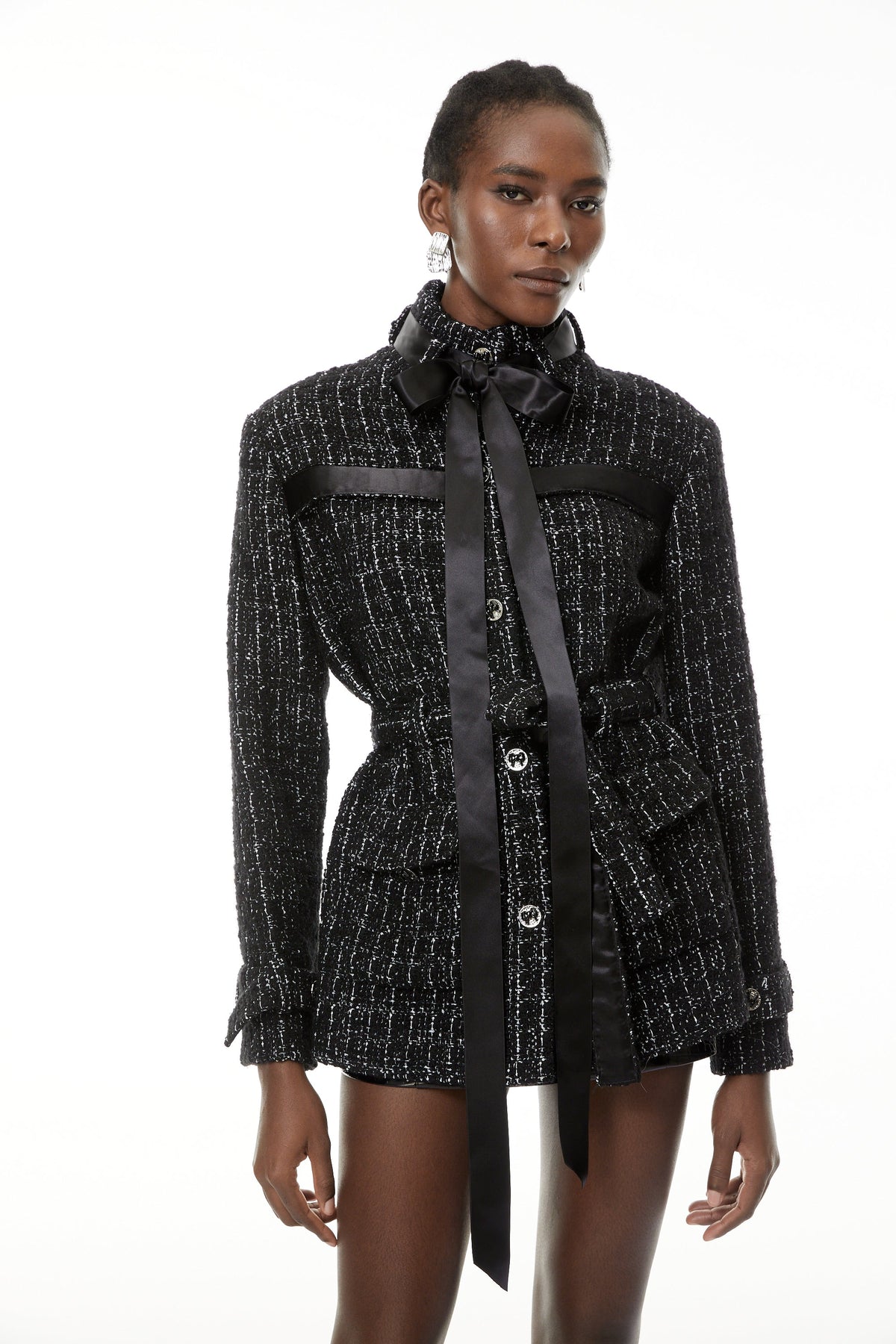 Kaylee Black Self-Tie Detail Tweed Blazer