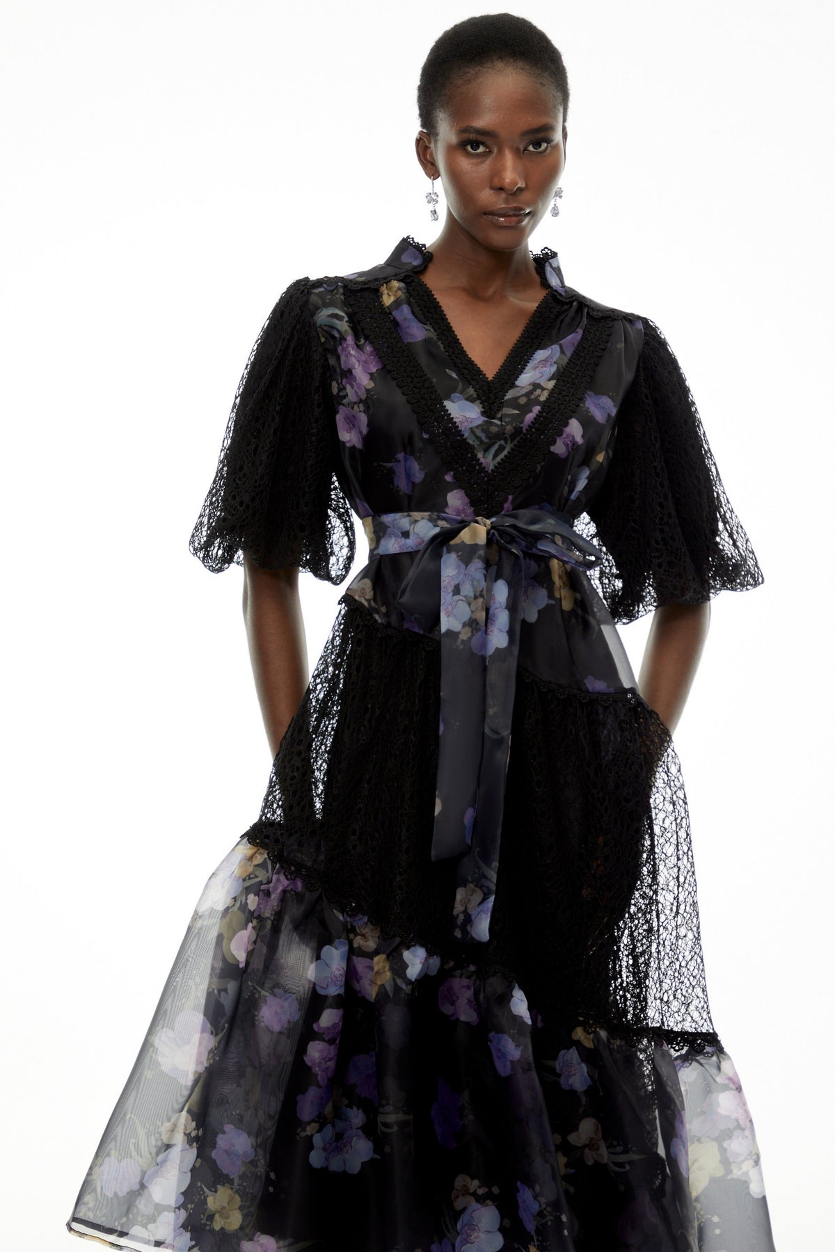 Kelsey Black Puff Sleeve Midi Dress with Floral Applique