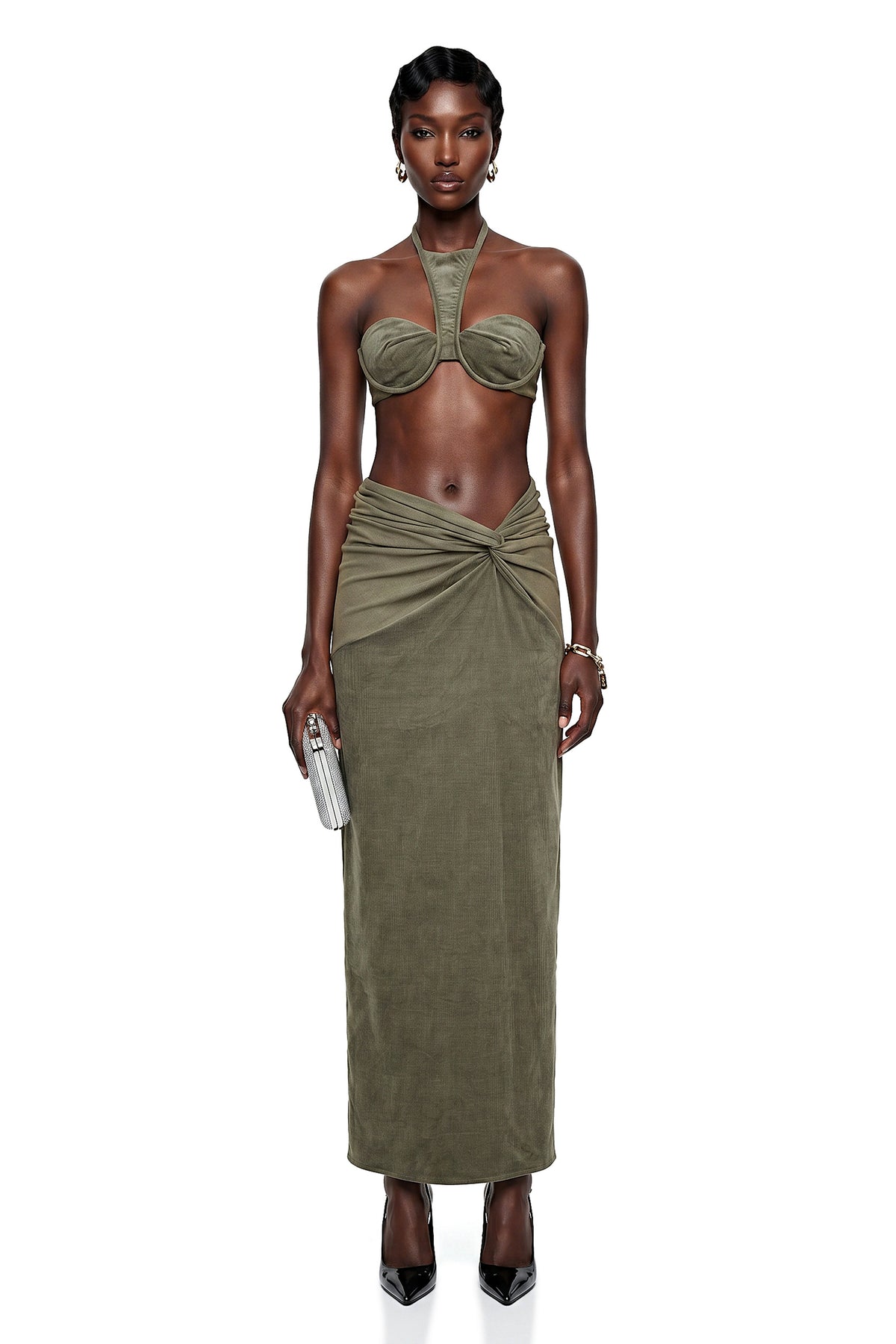 Kerenza Olive Green Corduroy Twist Front Top & Skirt Set