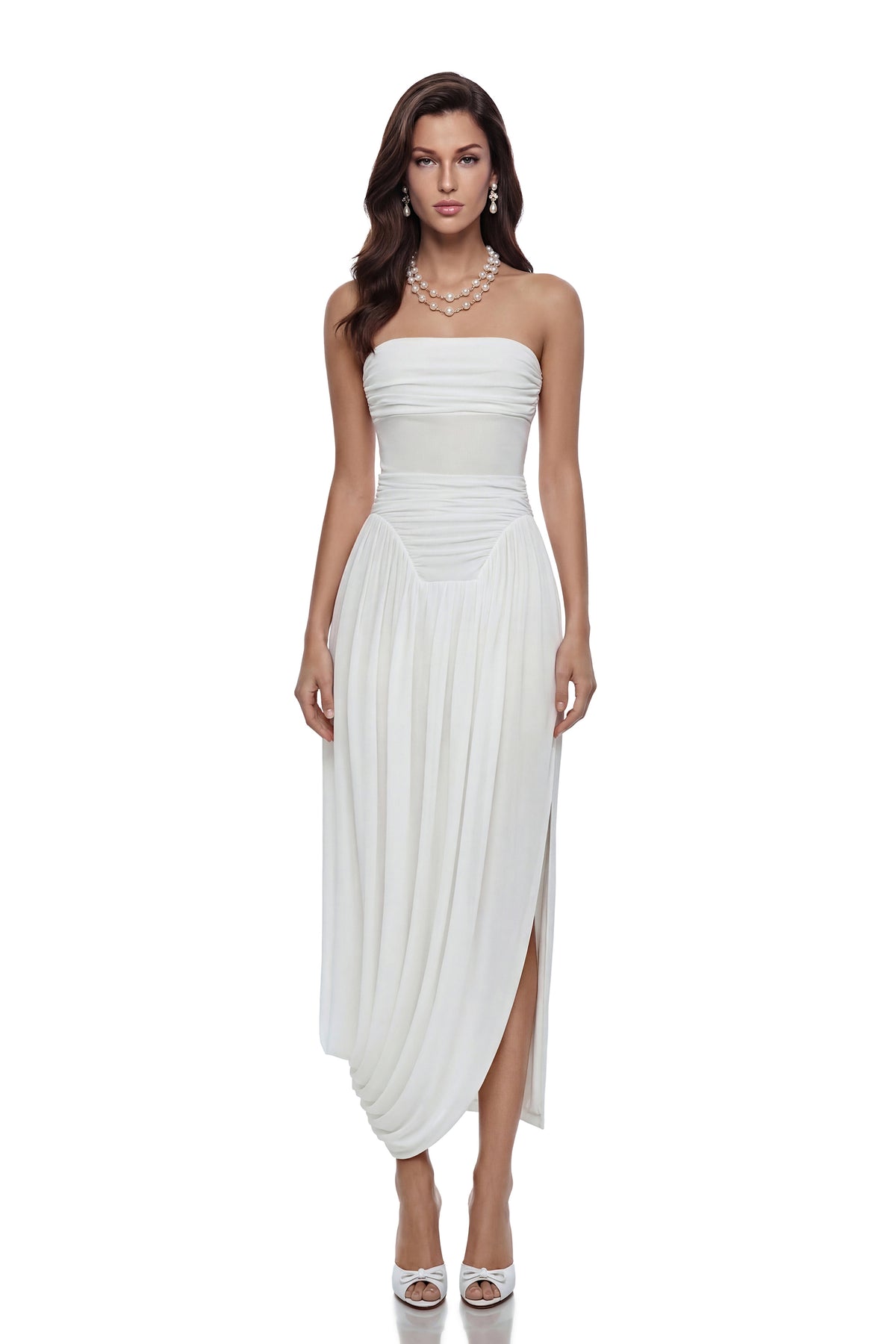 Kiia White Off Shoulder Ruched Midi Dress