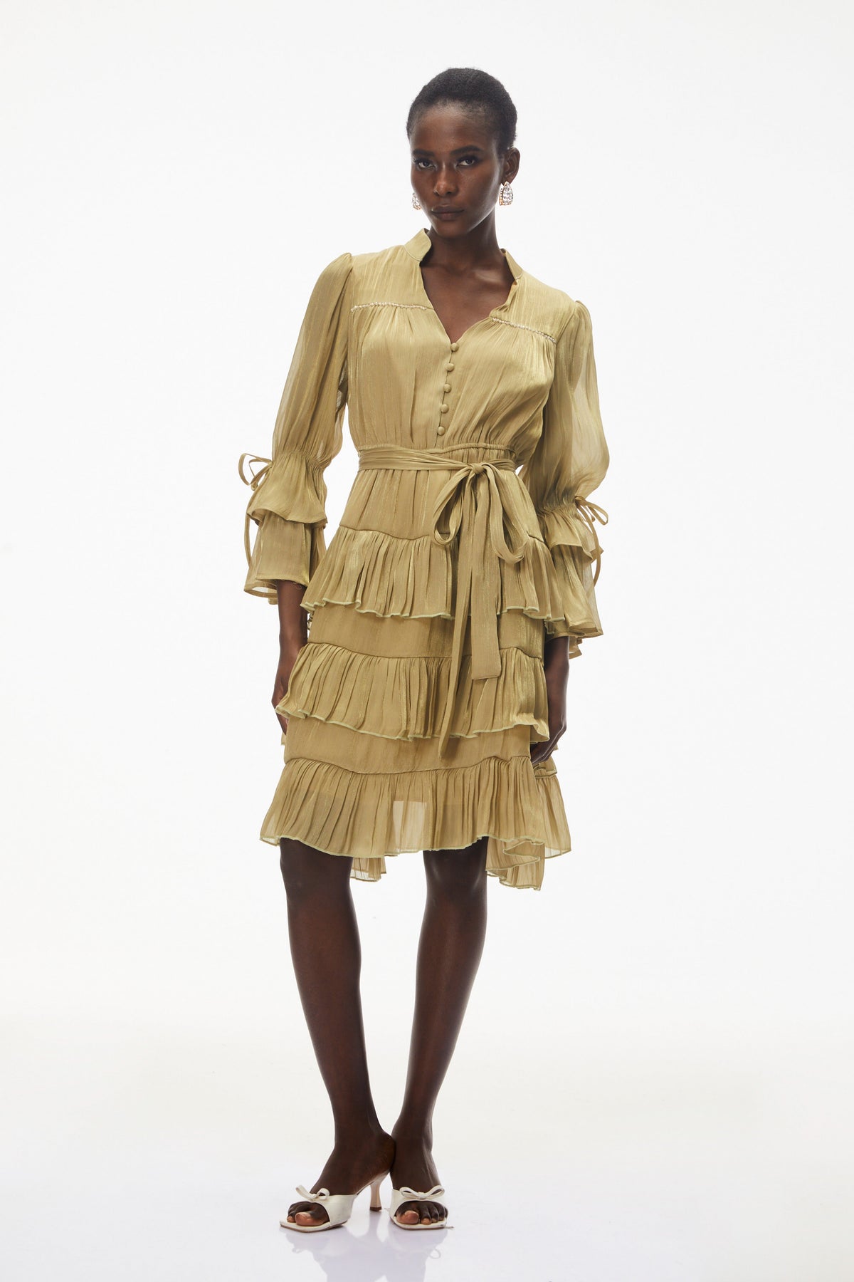 Kirke Green Ruffled Mini Dress with Bow