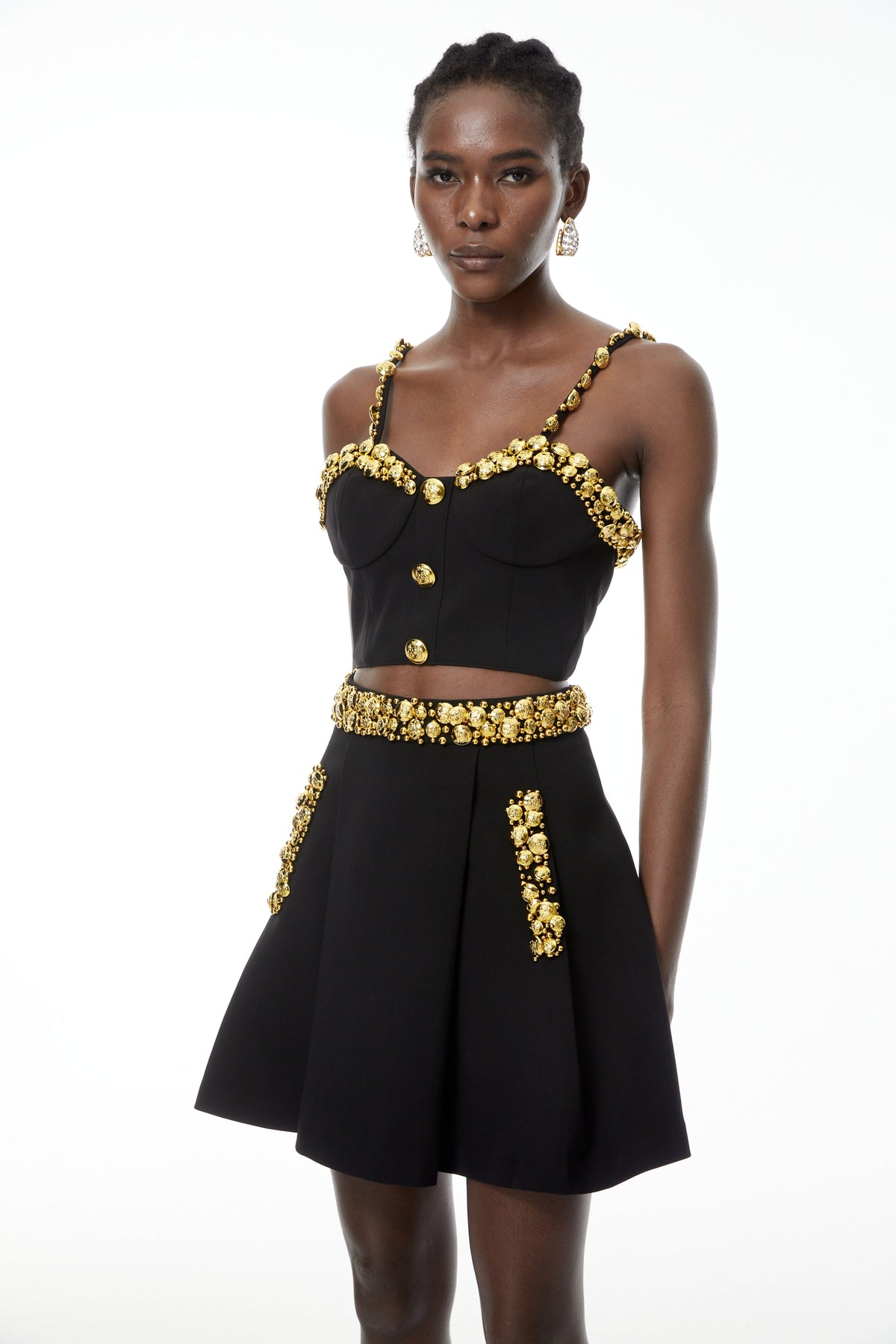 Kukka Black Top & Mini Skirt Set with Buttons