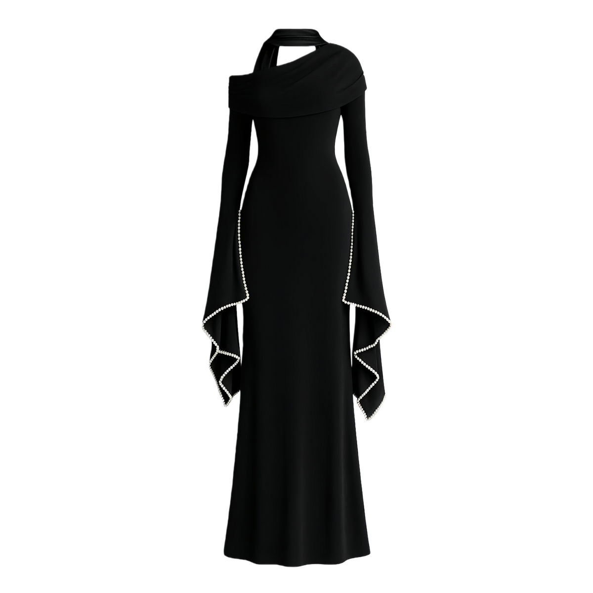 Simona Black One Shoulder Pearl Trim Maxi Gown