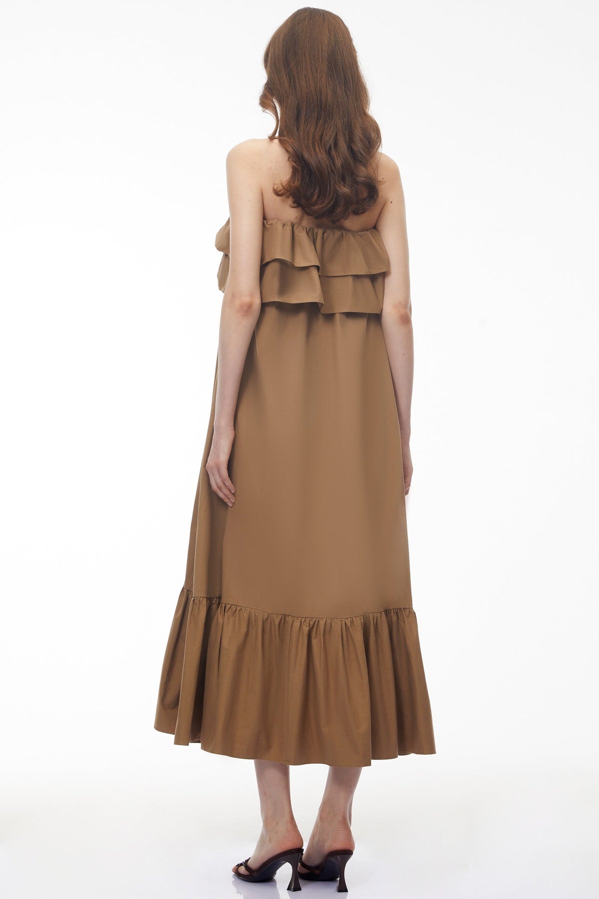 Laelia Camel Tiered Ruffled Midi Dress (Final Sale)