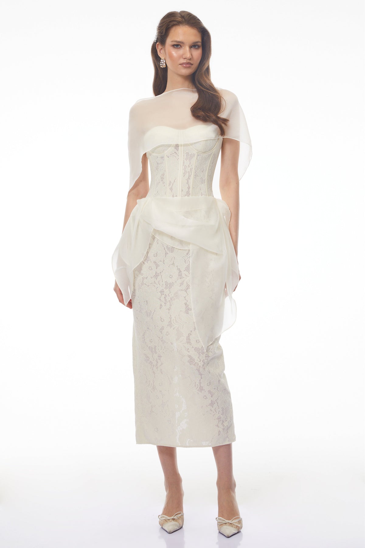 Larissa White Off Shoulder Floral Lace Midi Dress