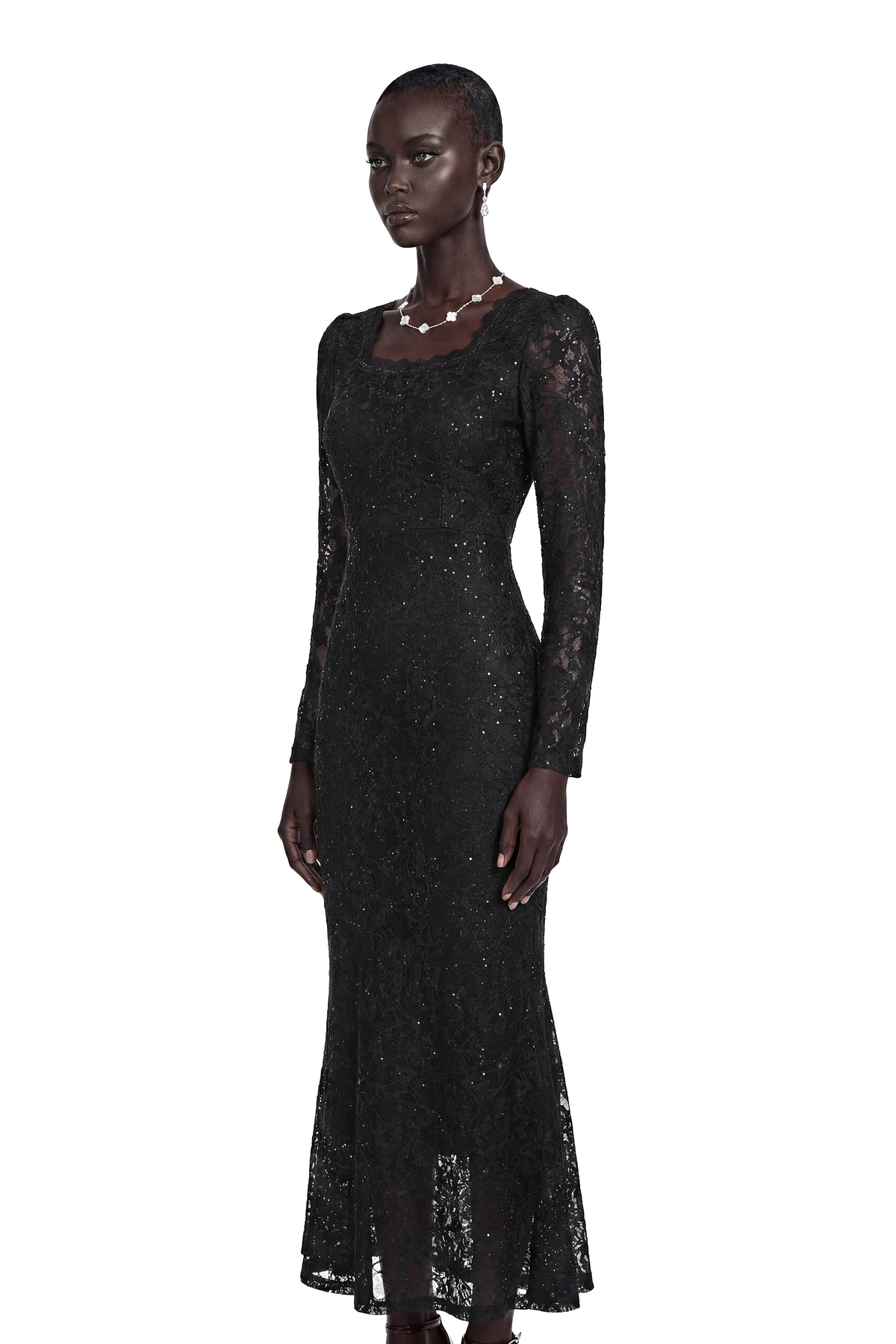 Lavender Black Floral Lace Fishtail Maxi Dress