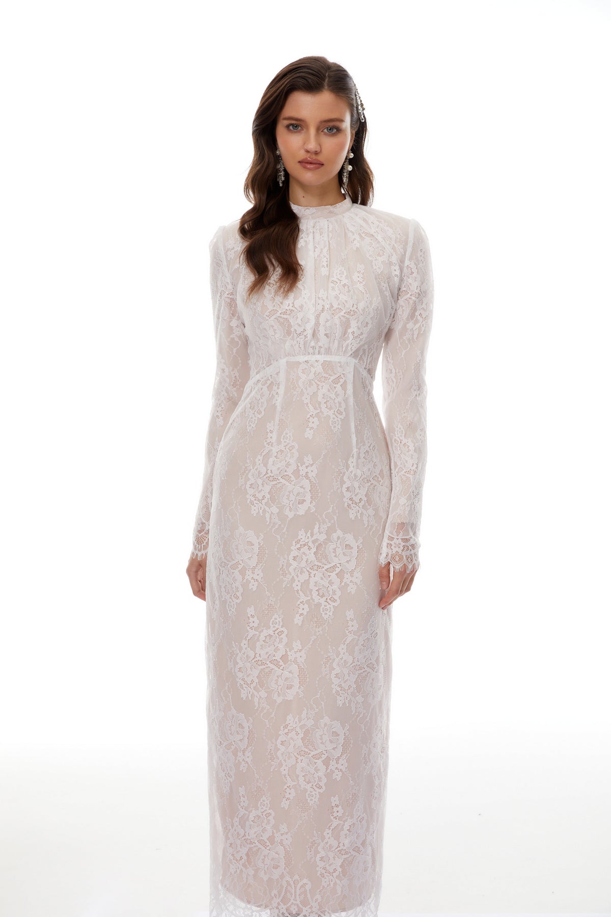 Leif White Mock Neck Lace Overlay Maxi Dress