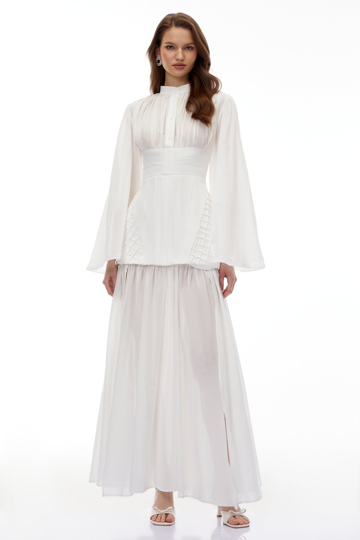 Lene White High Slit Ruched Maxi Dress