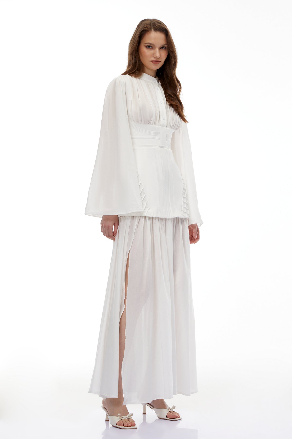 Lene White High Slit Ruched Maxi Dress
