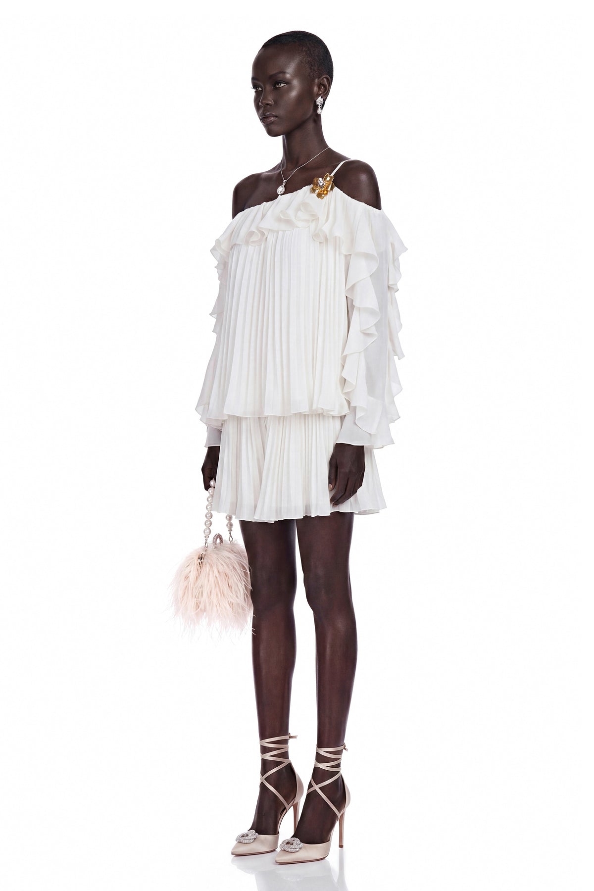 Lesley White Off-Shoulder Ruffled Pleated Top & Skirt Set
