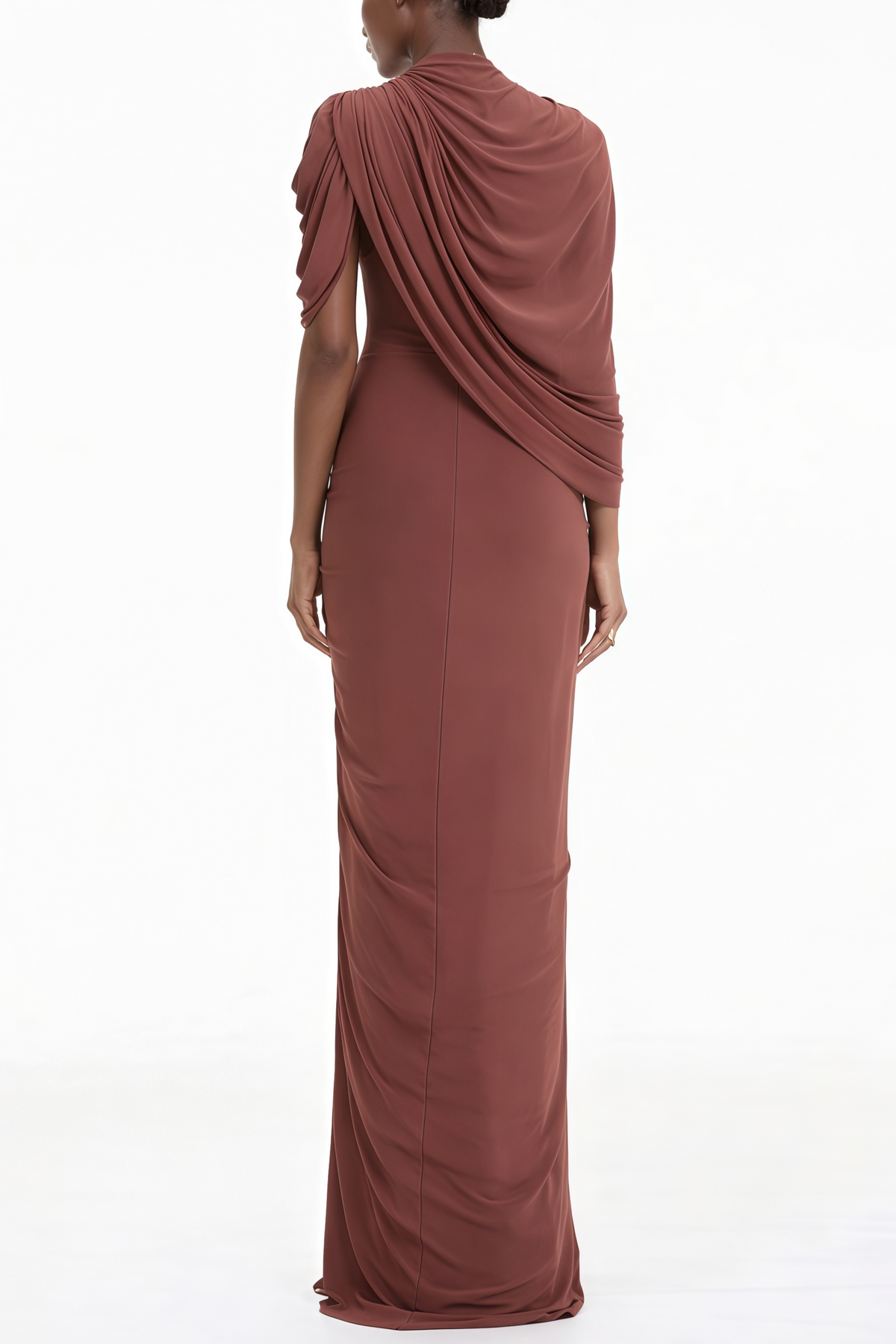 Liliana Brown Asymmetrical Ruched Cape Maxi Dress (Final Sale-US Only)