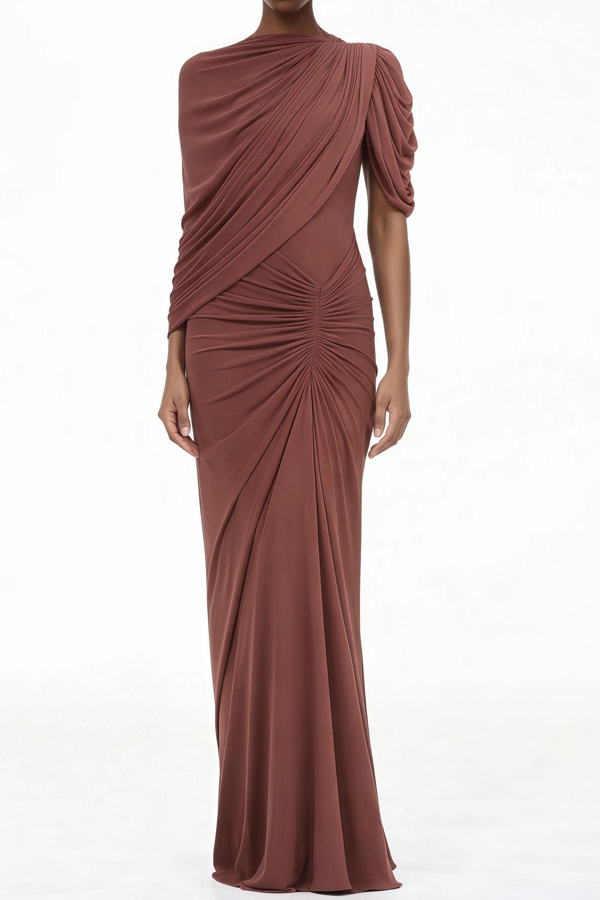 Liliana Brown Asymmetrical Ruched Cape Maxi Dress (Final Sale-US Only)