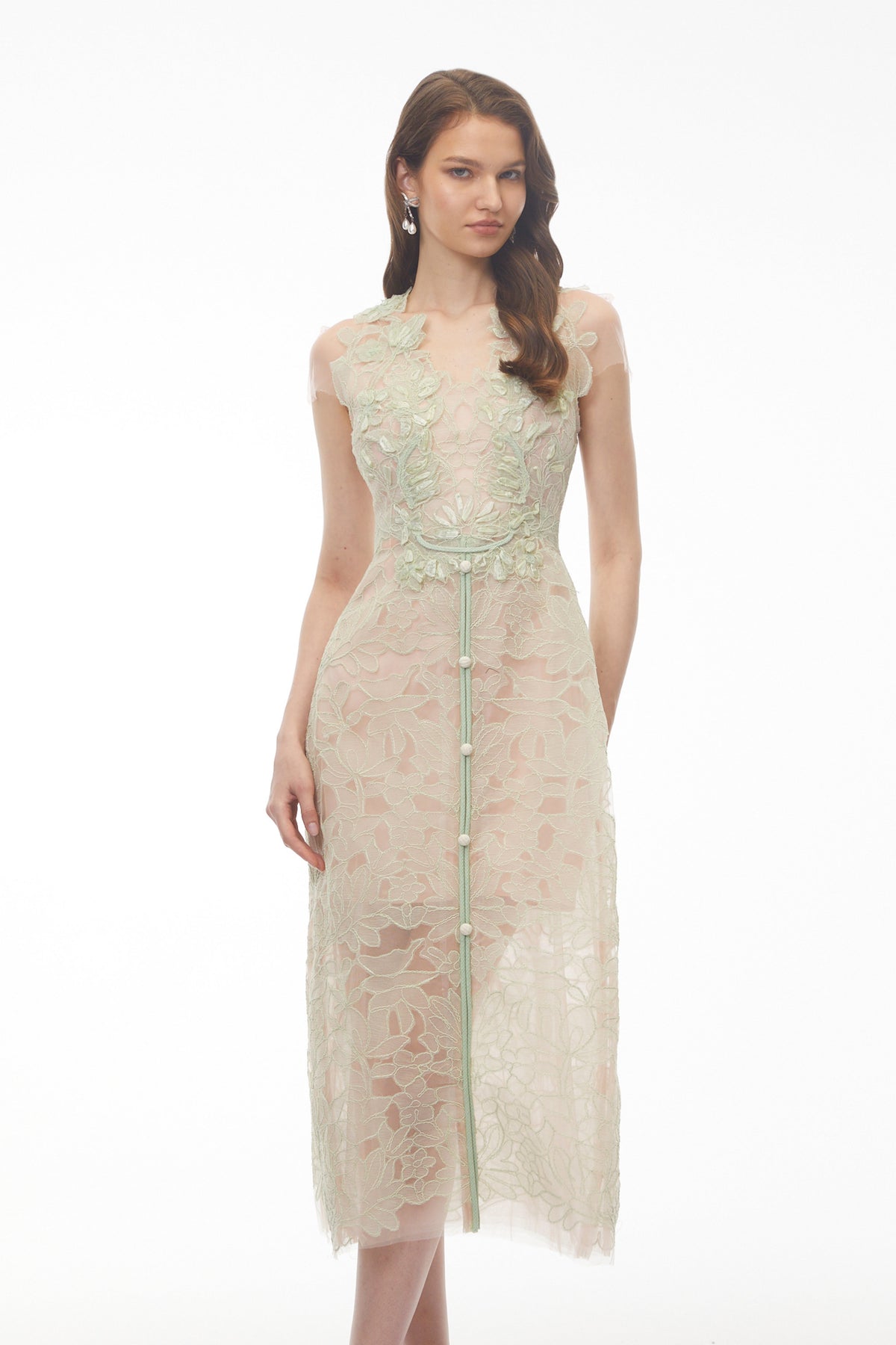 Linnea Green Floral Applique V-Neck Midi Dress
