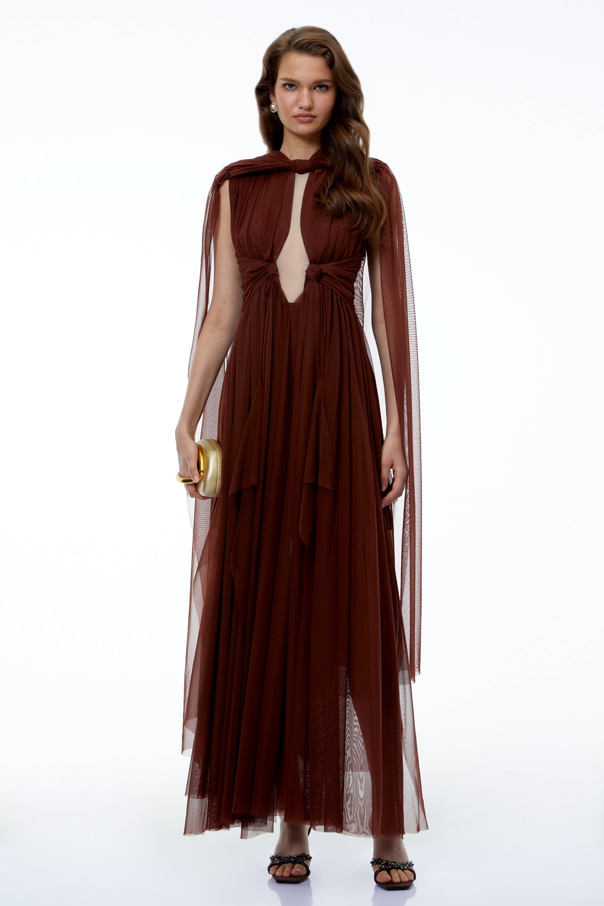 Lisbet Chocolate Brown Ruched Maxi Dress with Cape Sleeves