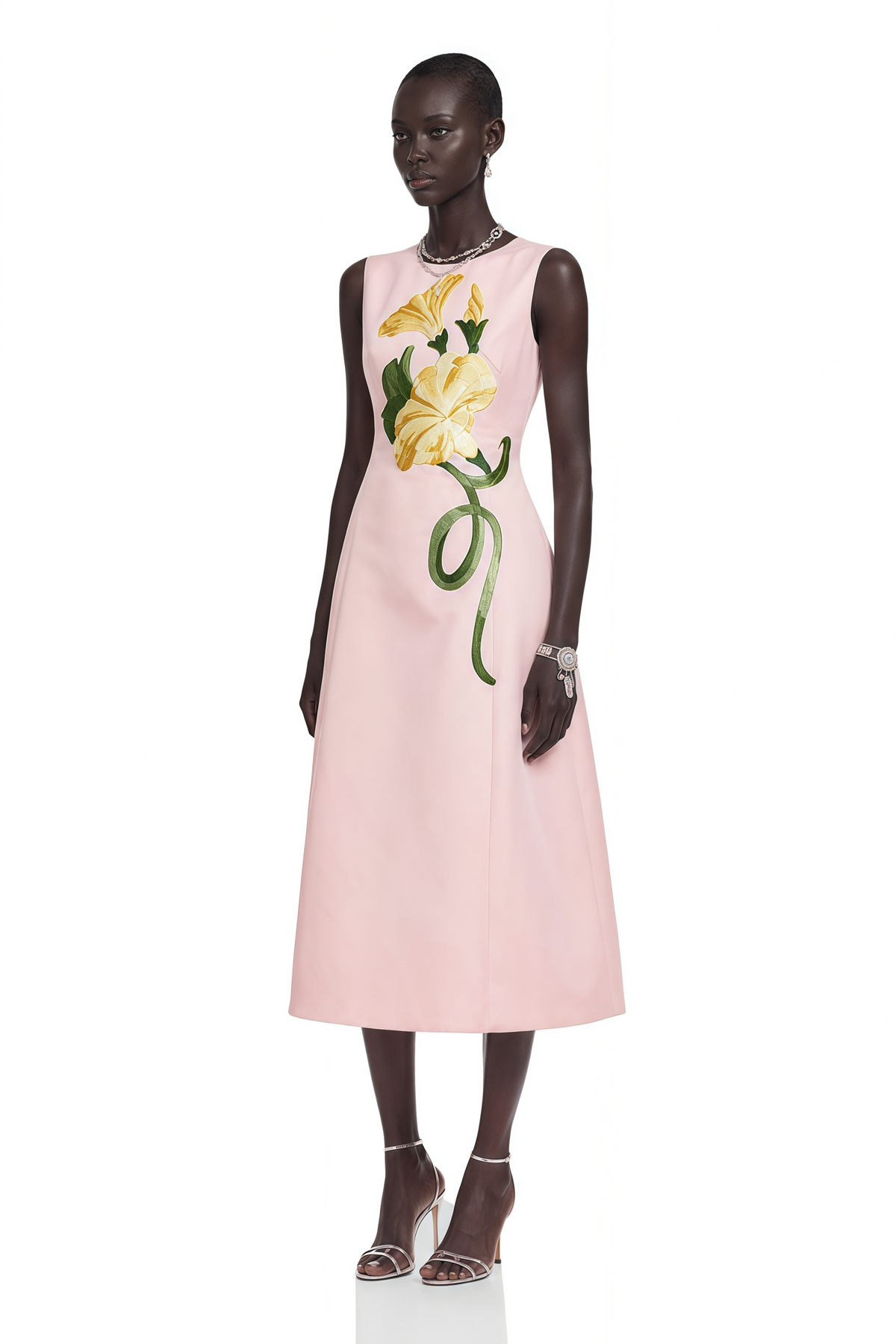Livia Pink A-Line Midi Dress with Floral Applique