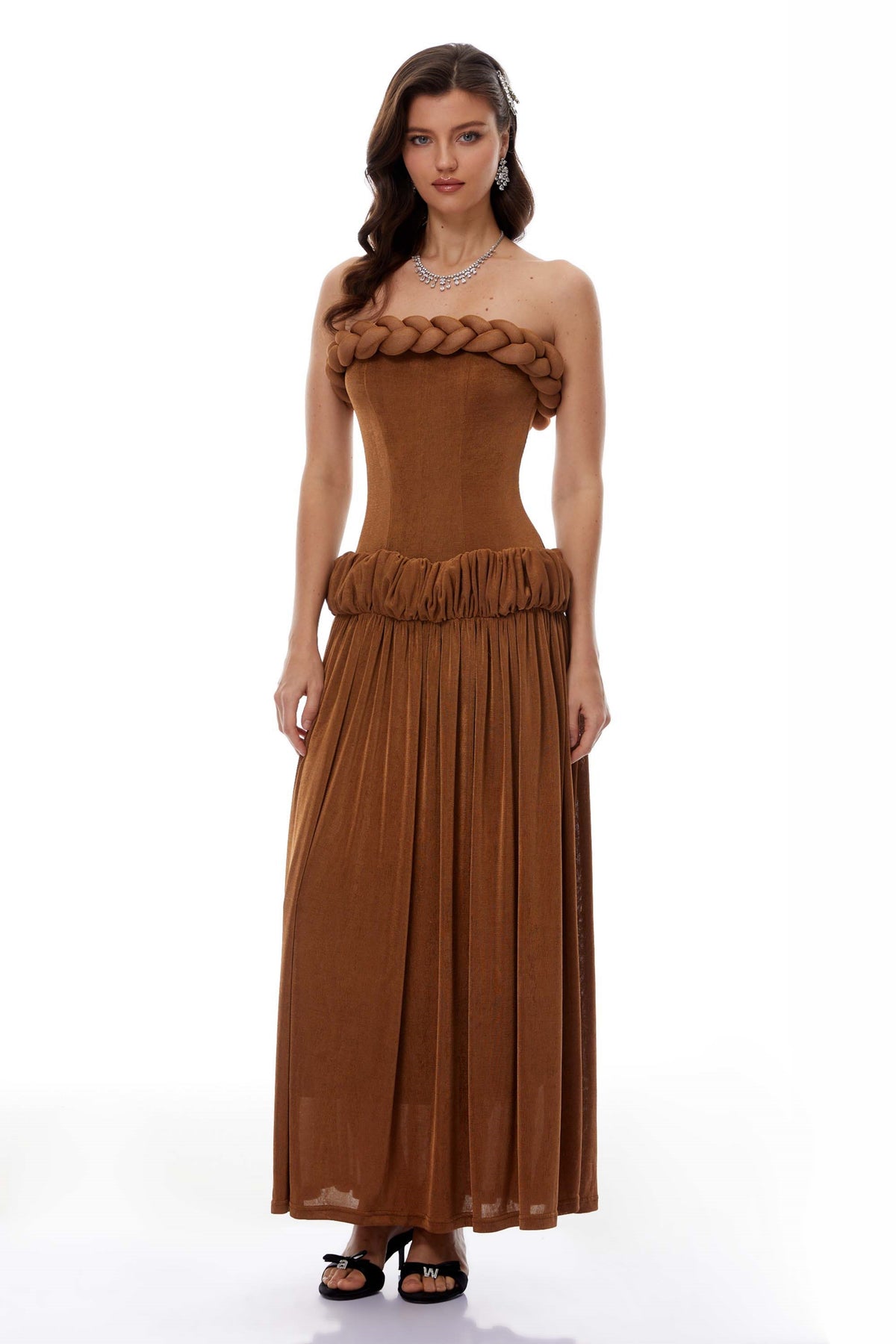 Lluís Brown Ruched Maxi Dress with Braid Detail