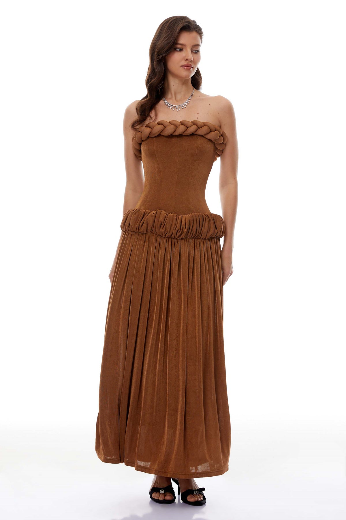 Lluís Brown Ruched Maxi Dress with Braid Detail
