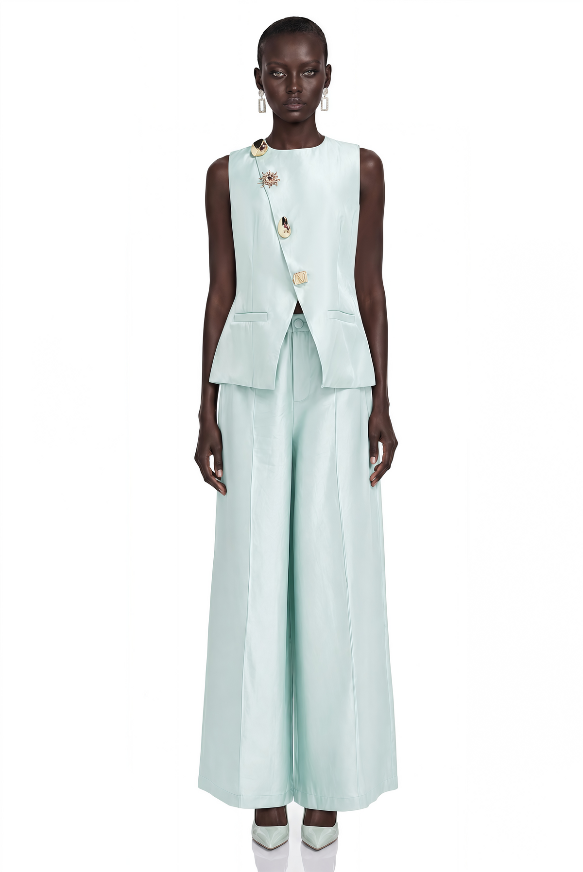 Lorraine Taupe Tailored Vest & Trousers Set with Metal Brooch