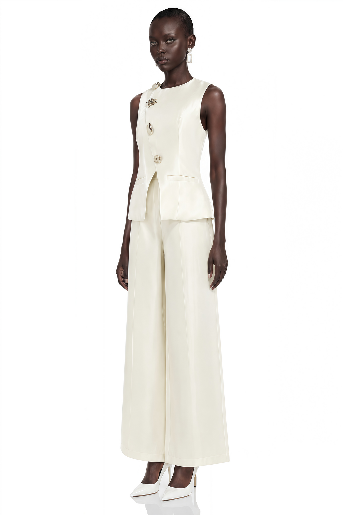 Lorraine White Tailored Vest & Trousers Set with Metal Brooch