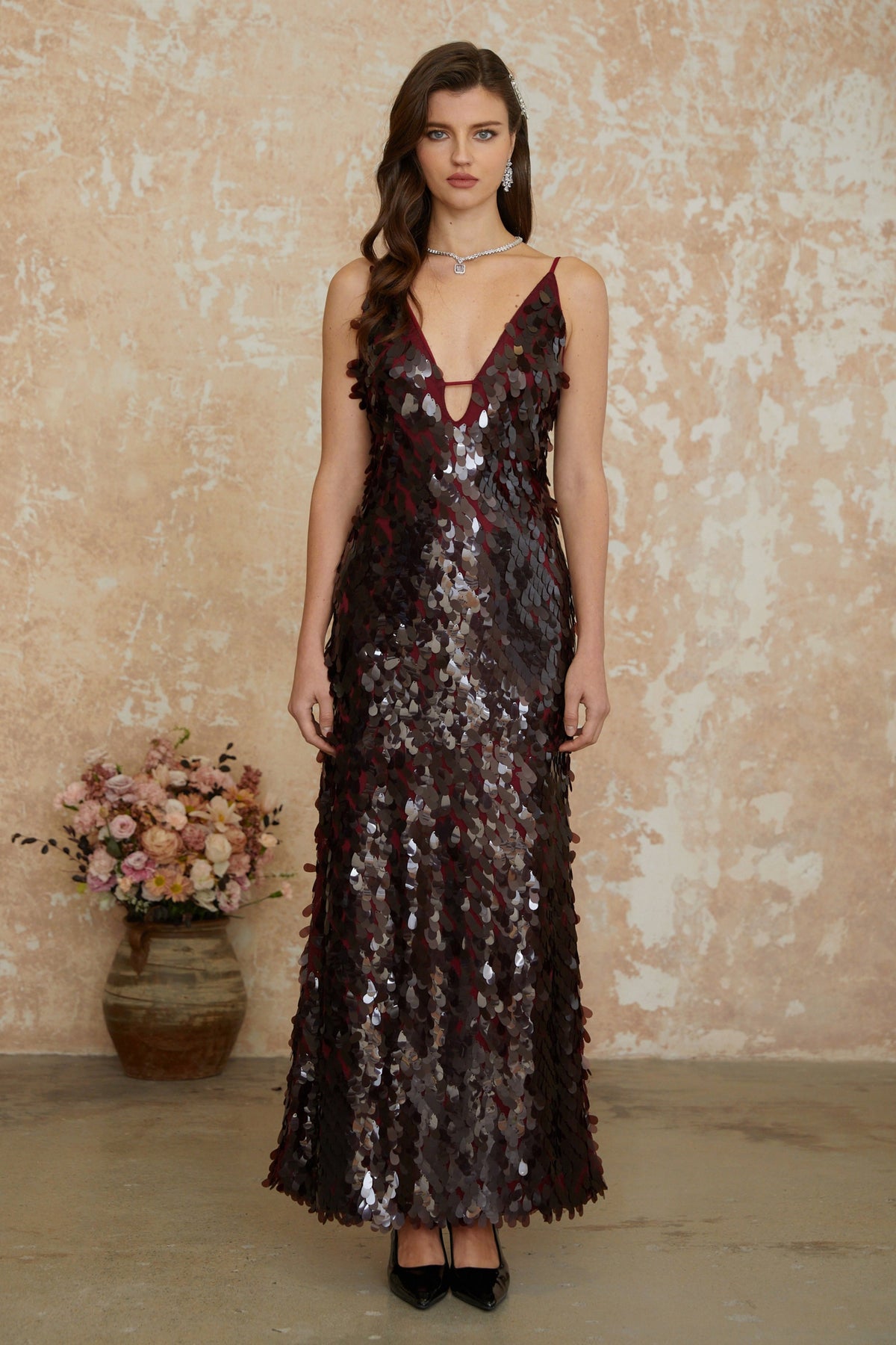 Lucyna Brown V-Neck Sequin Maxi Dress