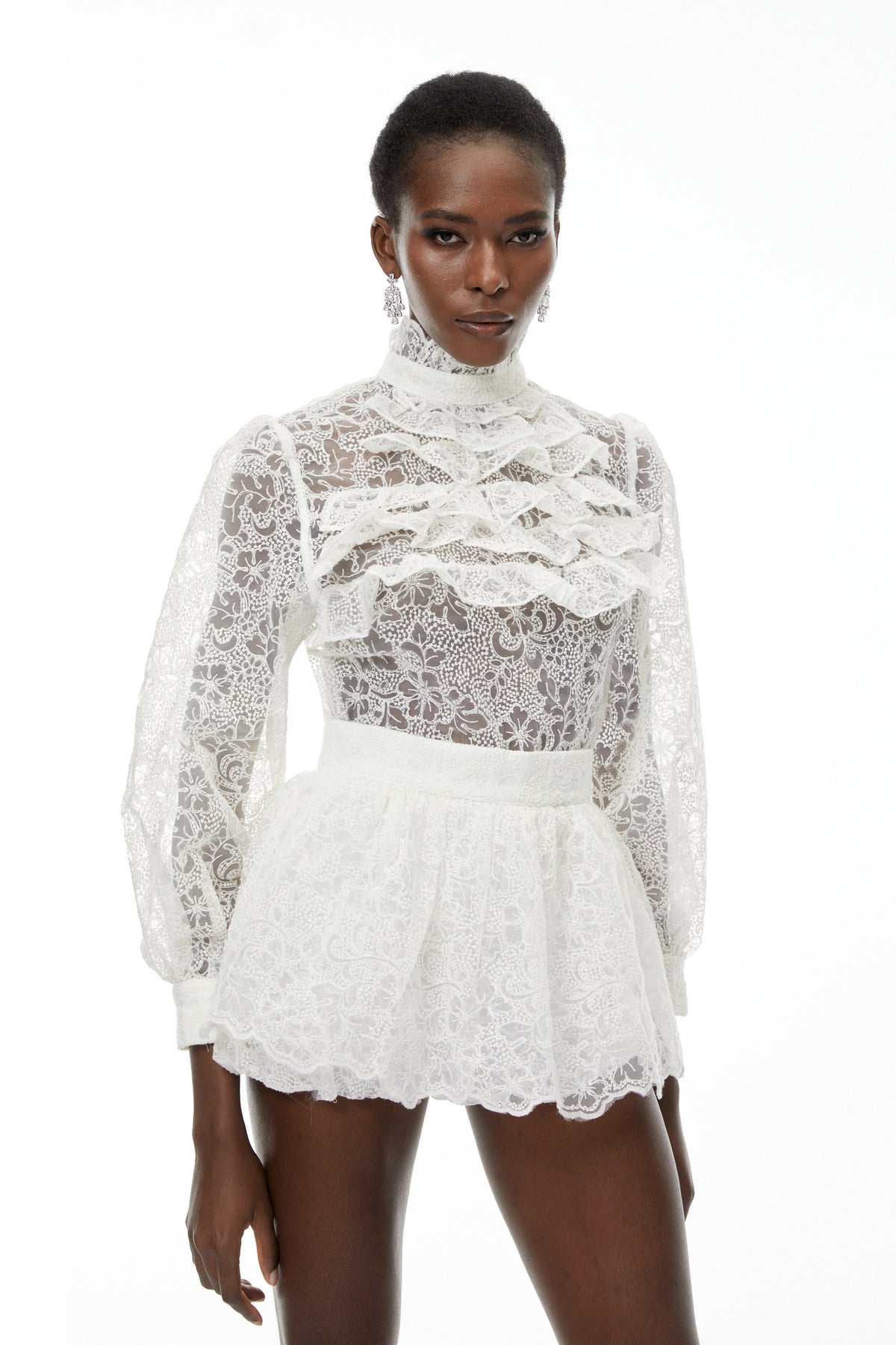 Ludwika White Lace Blouse & Ruffled Skirt Set