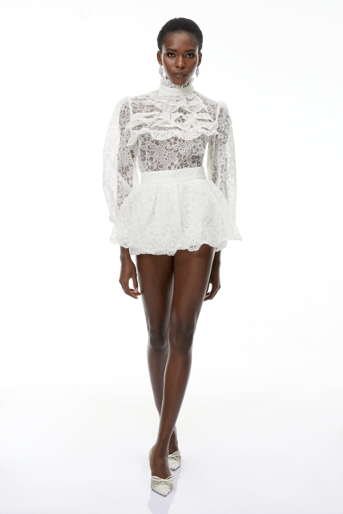 Ludwika White Lace Blouse & Ruffled Skirt Set